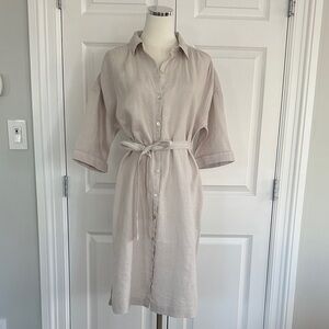 Tahari Beige Neutral 100% Linen Button-Front Vacation Beach Shirt Dress Size M